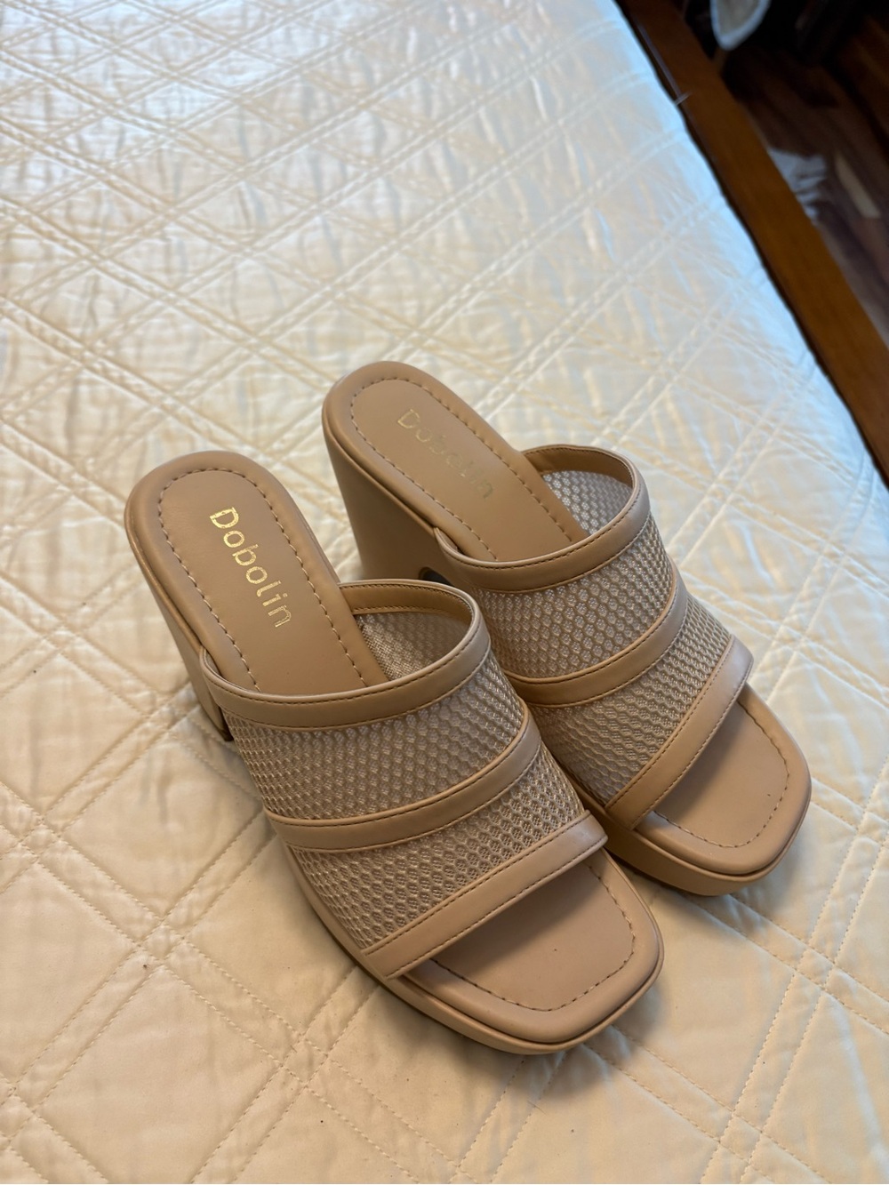 Beige Mesh Platform Heeled Mules for Women